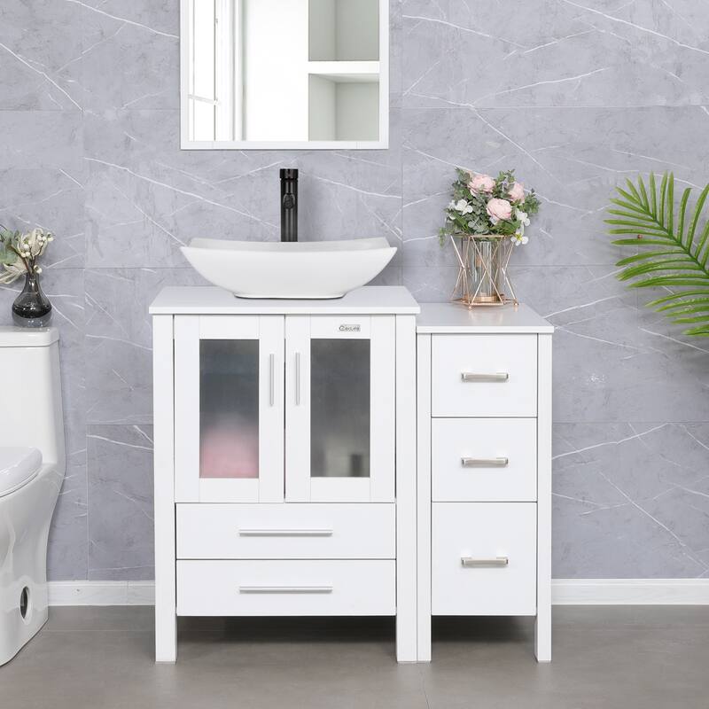 36" White Bathroom Vanity Sink Set with Side Cabinet Vessel Sink Faucet Combo - white ceramic curved sink