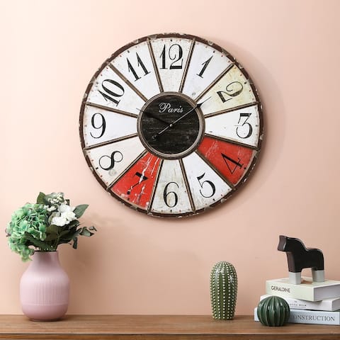 23.6-inch Round Distressed Wood and Iron Wall Clock - 23.6in Dia.