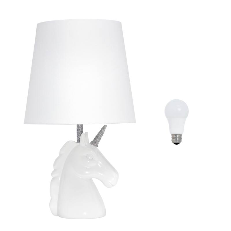Simple Designs 15.5" Sparkling Glitter Unicorn Table Lamp, White with Blue Glitter, With LED Bulb - Silver