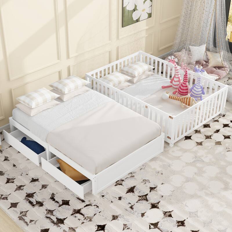 Pine Wood Daybed Floor Bed Frame with Fence Guardrails and 2 Drawers, Converts into Two Individual Beds, No Box Spring Needed