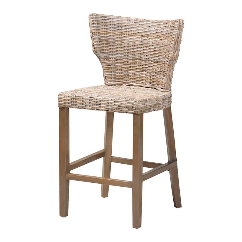 Enver Modern Bohemian Grey Kubu Rattan and Mahogany Wood Counter Stool - Grey