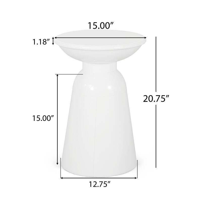 Suma Outdoor End Table, Round 15 Inch Top, Pedestal Base, White Iron