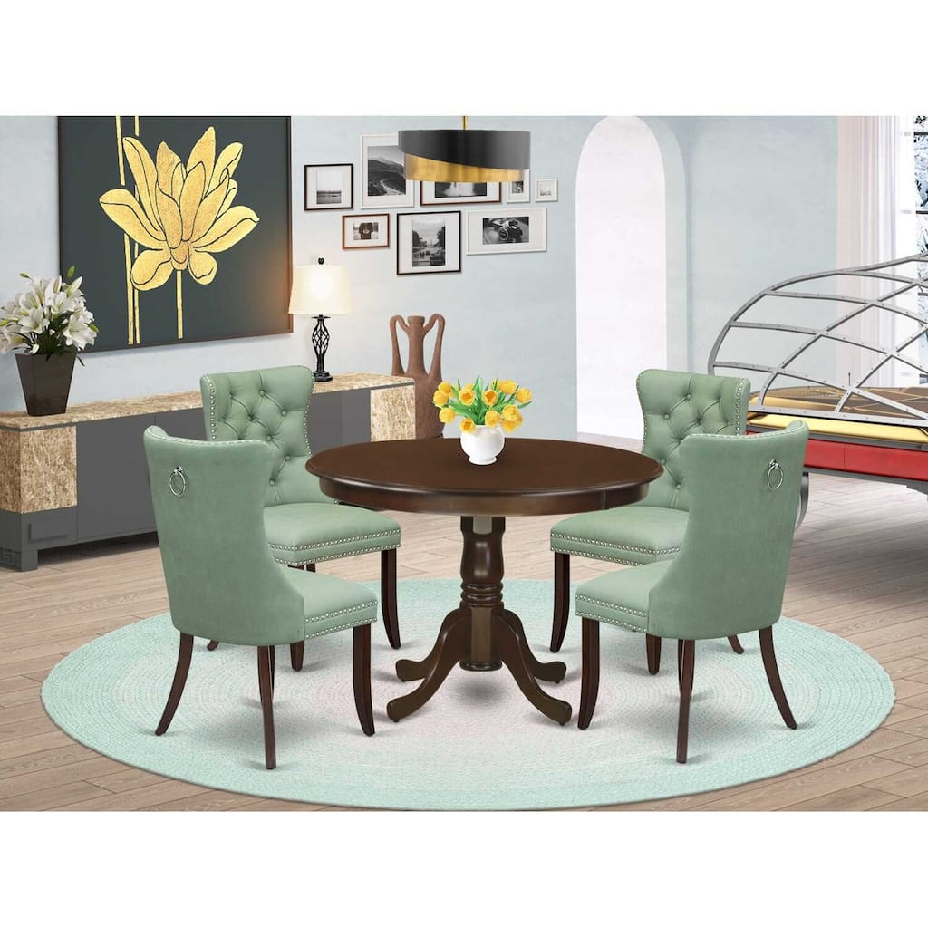 5 Piece Dining Set Round Table & 4 Chairs Mahogany Kitchen Table Set