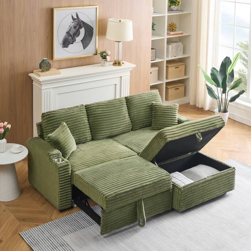 Multi-Function Corduroy Sectional Sofa Hidden Reclining Couch with Storage Ottoman Chaise Lounge, Pillows and Cup Holders - Green