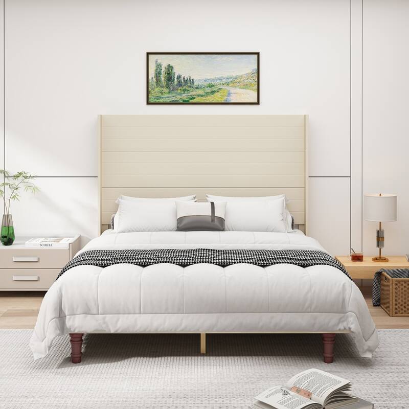 Upholstered 54 "High Headboard Platform Bed Comfort Bed Frame - Queen - Beige