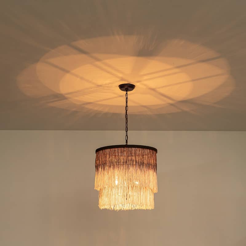 17.7" 3-Light Bohemian Farmhouse Purple Round Hand-made Cotton Fringe Tiered Hanging Chandelier Living Room,Bedroom