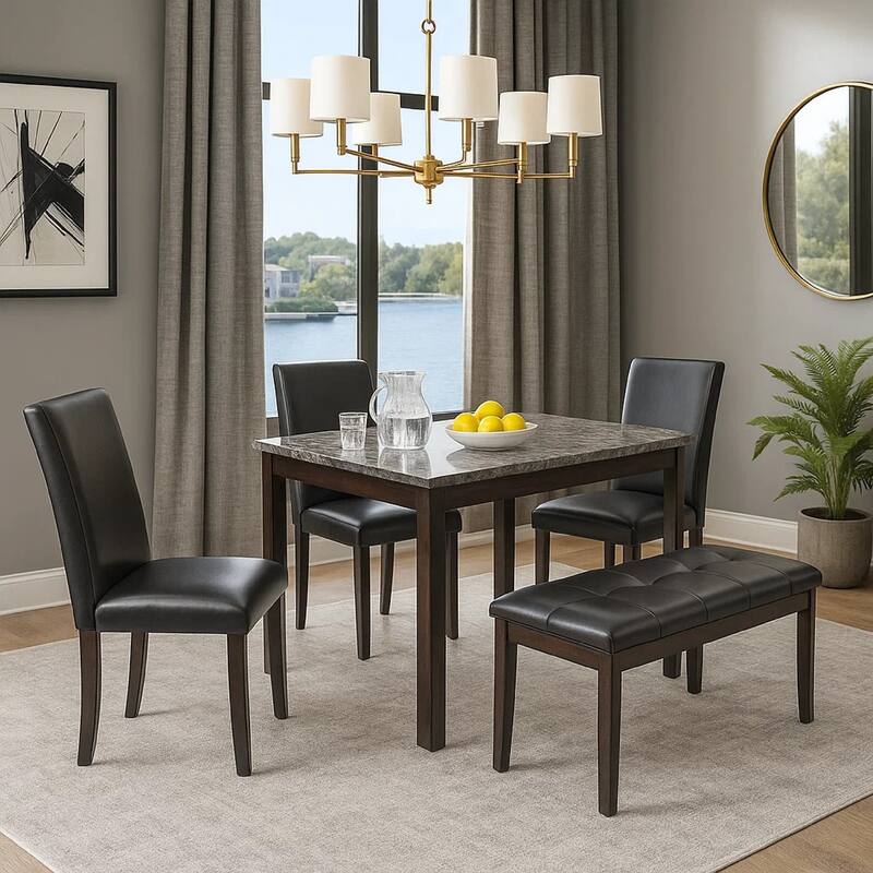 Wesley 5pc Dining Table Set, Black Faux-Leather, Faux Marble, Cherry Brown