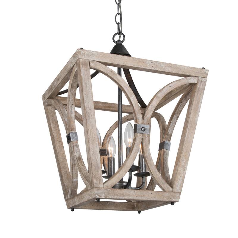 Farmhouse Chandelier for Kitchen/ 4-Light Wooden Pendant Lighting Fixtures over Dining Table - L15.5" xW15.5 "xH21.5"