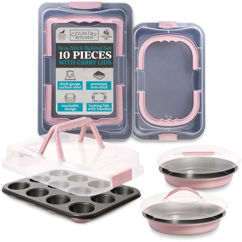 Country Kitchen Baking Pans Set 10 Piece Non-Stick Cake Pans with Carry Lids for Storage & Travel, Perfect for Parties Stackable - Pink