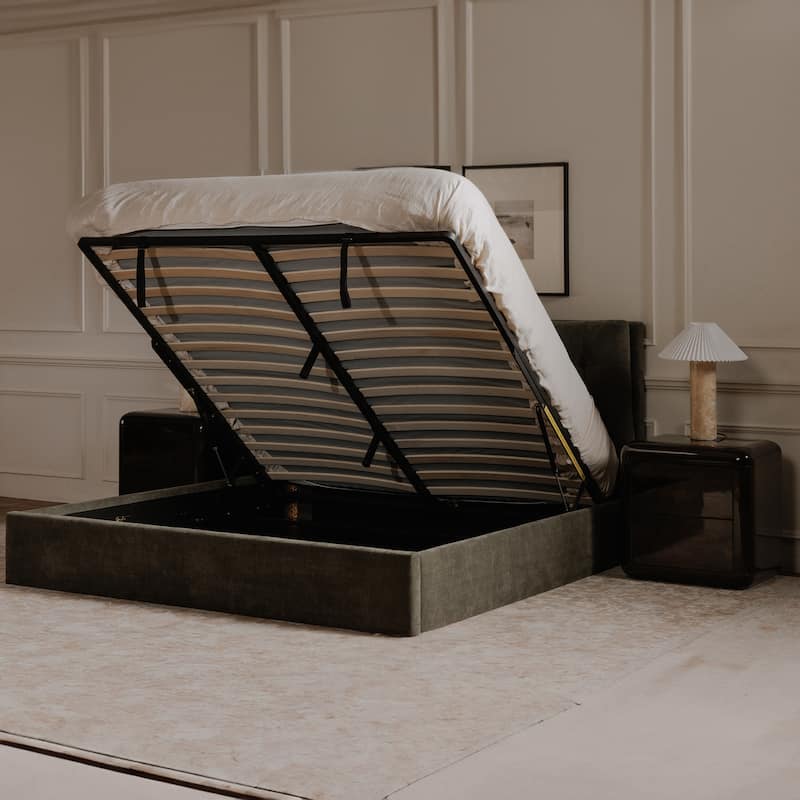 NADAAL STUDIOS Aloura Green Upholstered King Bed with Tufted Headboard and Hydraulic Lift Storage