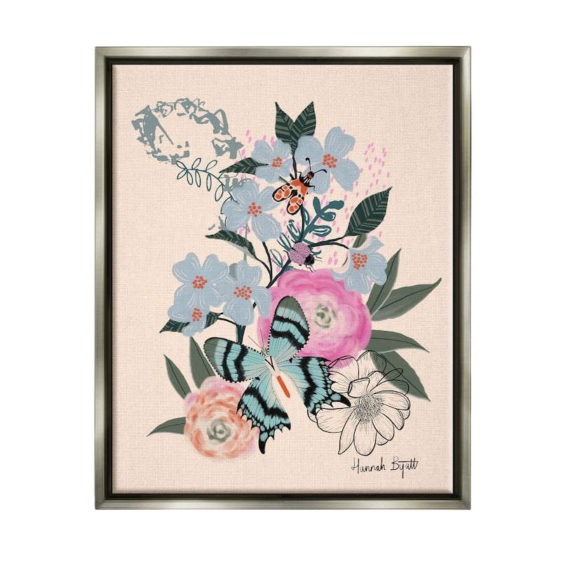 Stupell Pastel Flowers & Butterfly Framed Floater Canvas Wall Art Design by Hannah Byatt - 25 x 31 - Grey