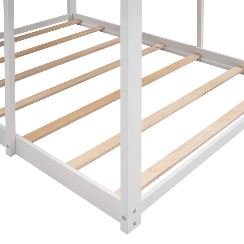 Full Over Full Wood Bunk Bed with Roof, Window, Guardrail, and Ladder in White