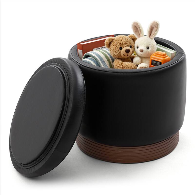 Round Swivel Storage Ottoman Footstool with Flip-top and Acacia Frame - Black