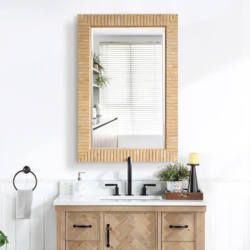 Osaka Rectangular Wood Framed Wall Bathroom Art Mirror - 24"W x 35.8"H - Washed Ash Grey