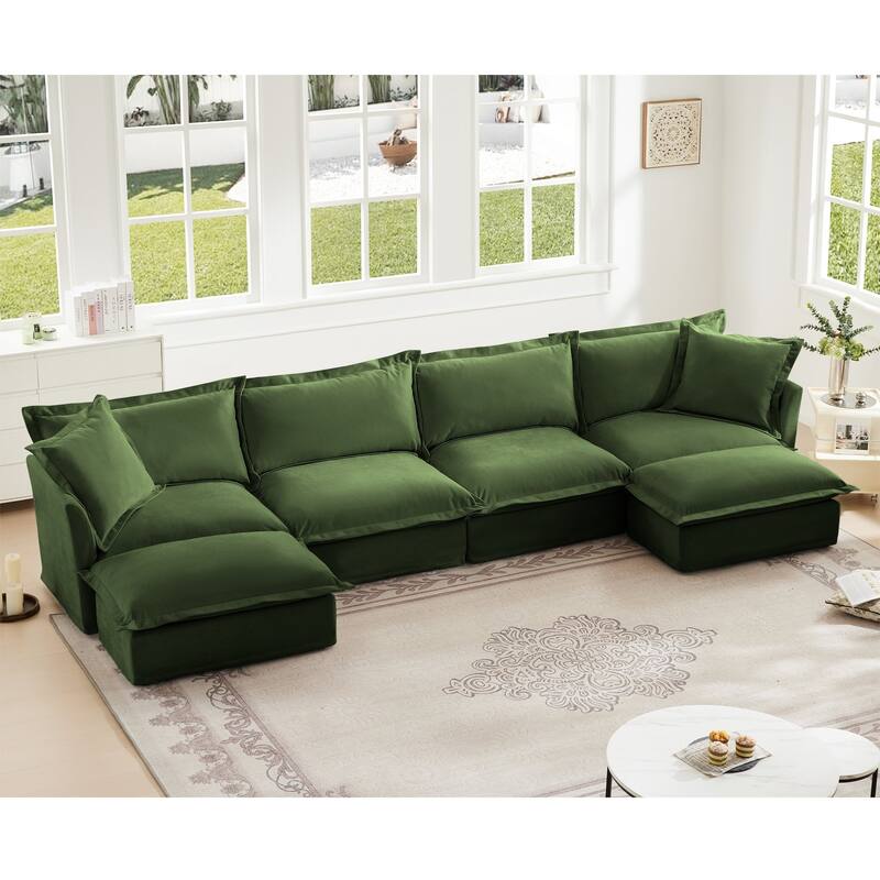 Modern 4 Seater Upholstered Sofa with 2 Ottomans and 2 Pillows