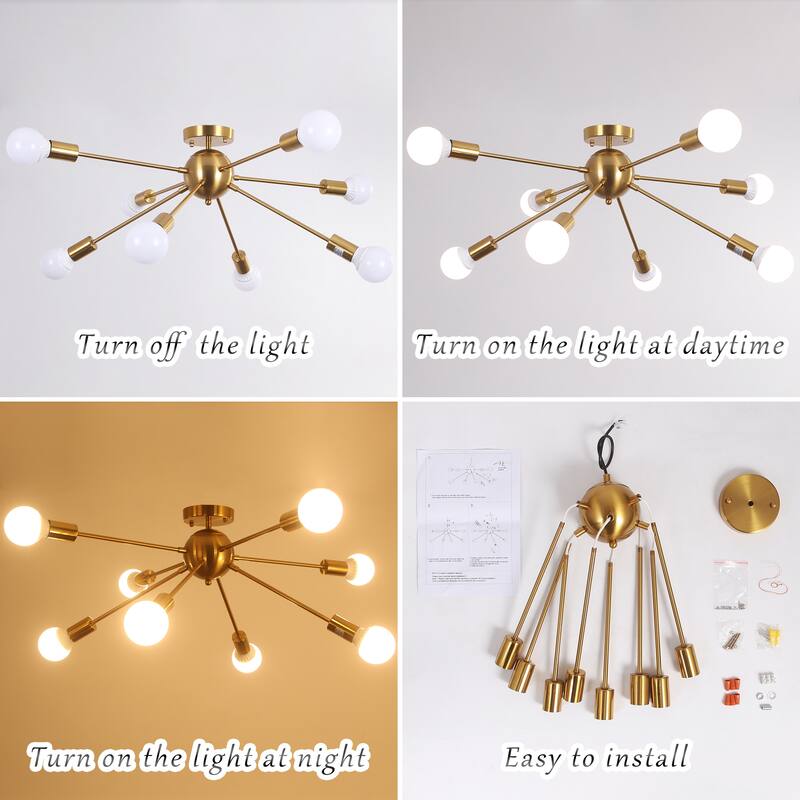 8-Light Sputnik Semi Flush Mount Chandelier for Bedroom Living Room