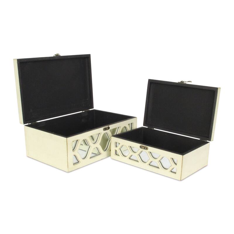 HomeRoots Set of Two White Mirrored Glass And Solid Wood Box With Lid