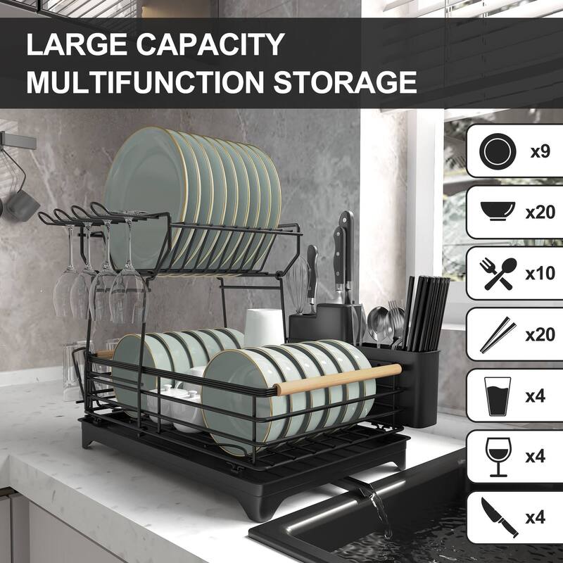 Double-Layer Dish Rack with Bamboo Handle
