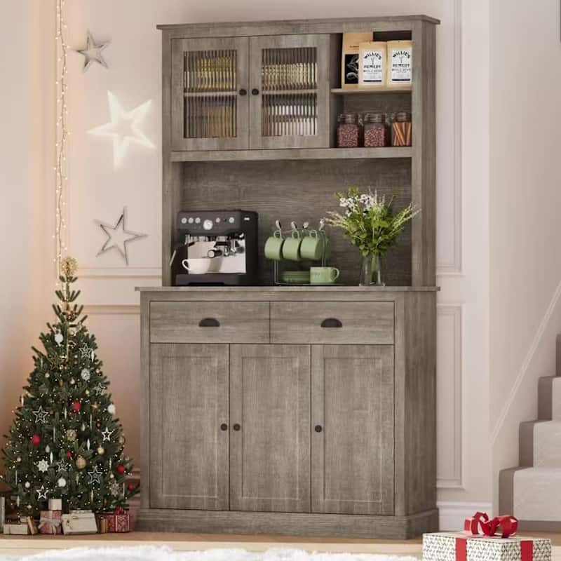 71" High Pantry with Drawers and Adjustable Shelves, with Microwave Support, Gray - Grey