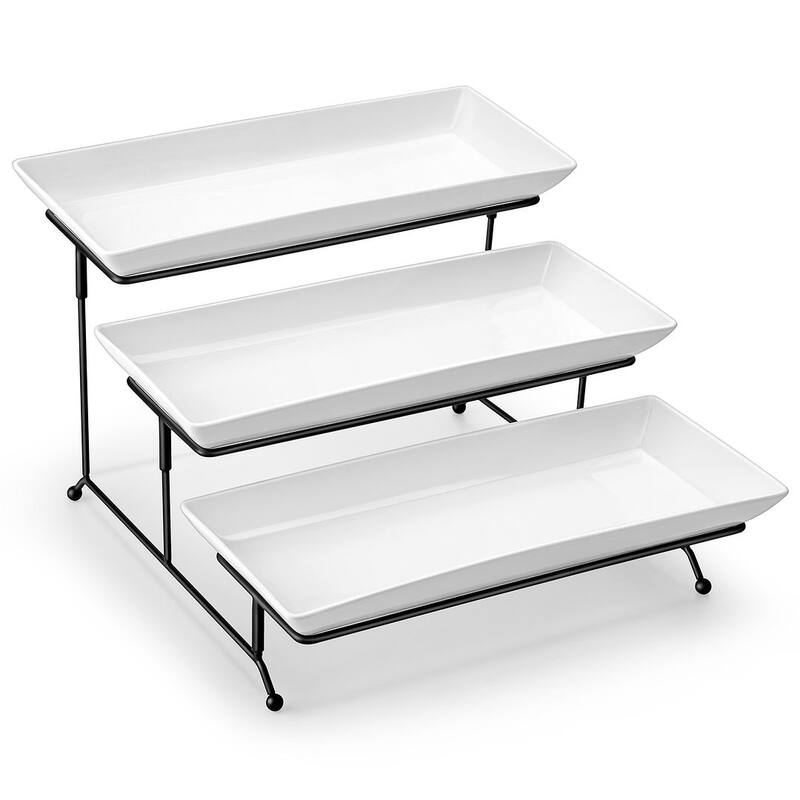 MALACASA PLAT 3-Tier 12" & 14" Porcelain Dessert Stand Black Iron Base - White - 14-in