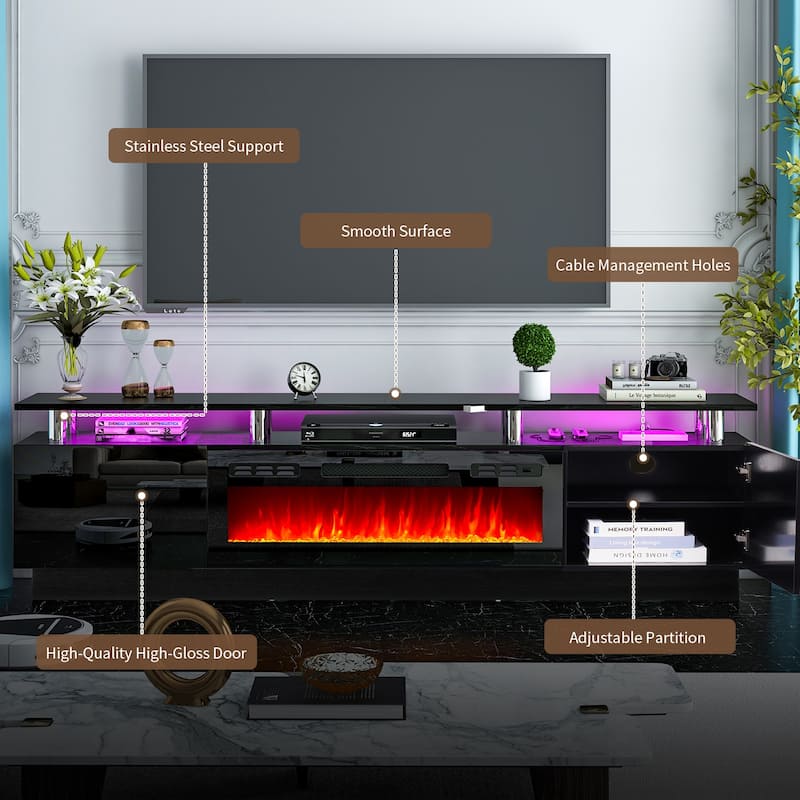 80" 2 Tier TV Console Stand for TVs Up to 90",with 36" Electric Fireplace