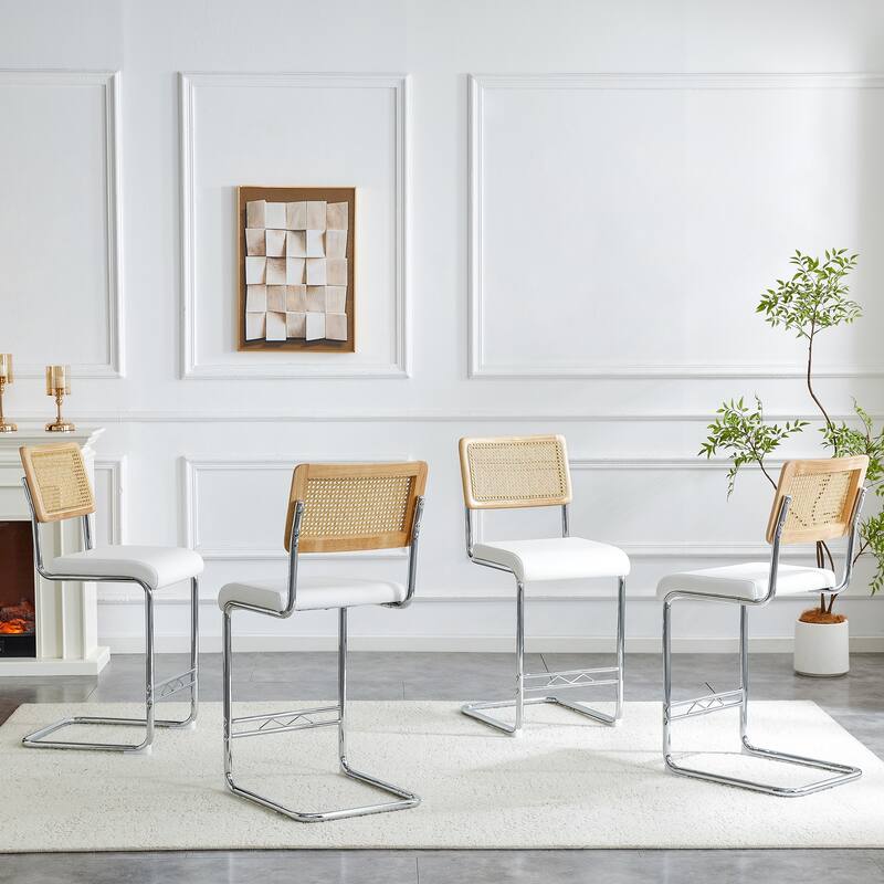 Natural Rattan & Solid Wood Bar Stool Set of 4 - 25" Medieval Modern Style with PU Seat & Chrome Legs