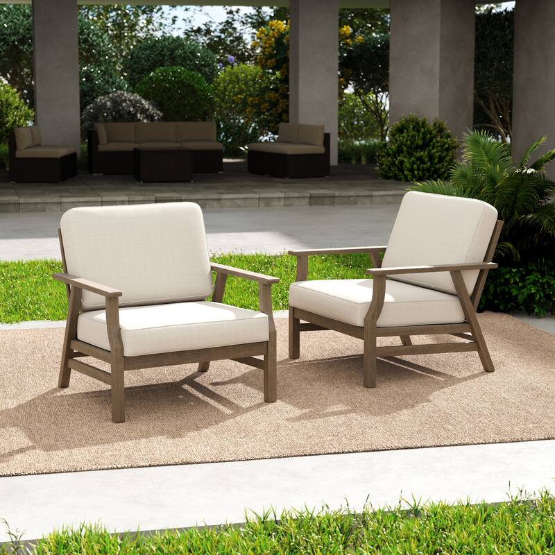 Outdoor Club Chair Patio Wood Arm Chair with Cushion Set of 2