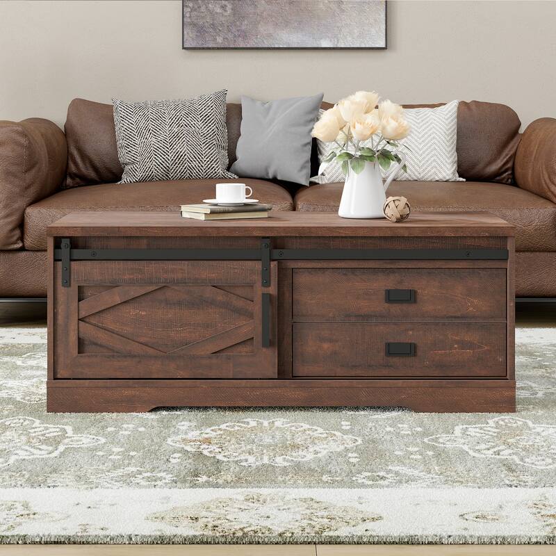 WAMPAT Rectangular Coffee Table with Sliding Barn Door
