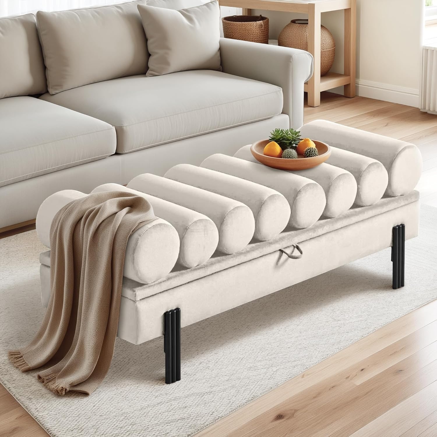 52-Inch Storage Ottoman with Arms, Velvet Upholstered Bench for Bedroom or Entryway (Beige)