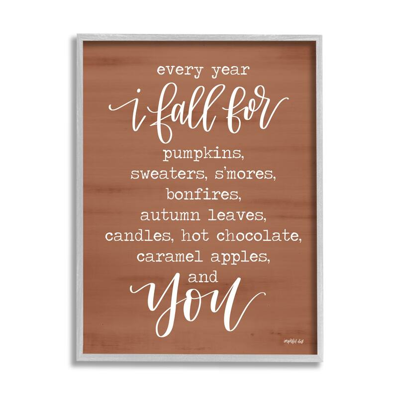 Stupell Cozy Romantic Autumn Quote Brown Seasonal Calligraphy Framed Wall Art - White - 16 x 20 - Grey