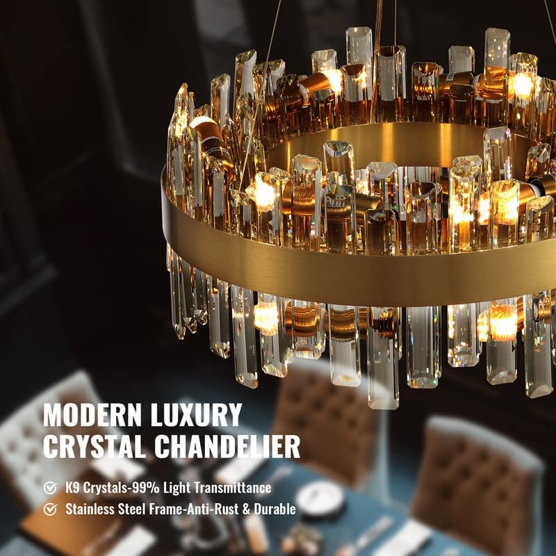 19.7'' Modern Crystal Chandelier Brass Gold Round 12-Light 2-Tier Luxury Crystal 19.7'' Raindrop Chandelier for Dining Room