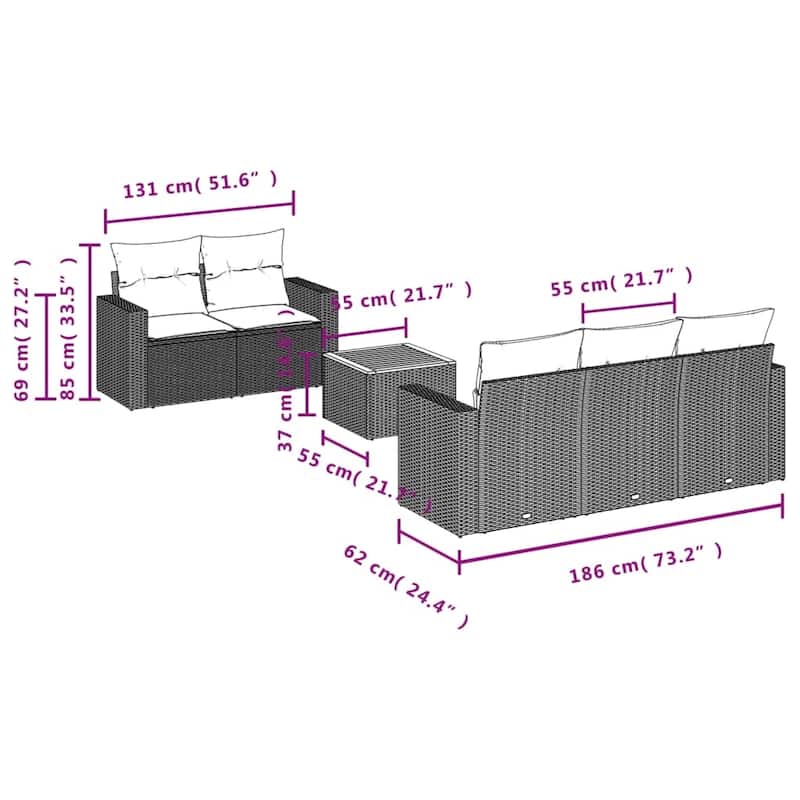 vidaXL Patio Sofa Set with Cushions Outdoor Furniture 6 Piece Poly Rattan - 25.8 x 24.4 x 27.2