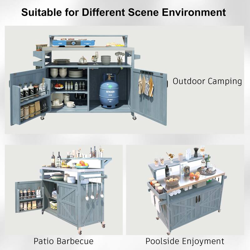 53" Outdoor Kitchen Island with Stainless Steel Top, Raised Shelf, Solid Wood Grill Cart with Storage Cabinet