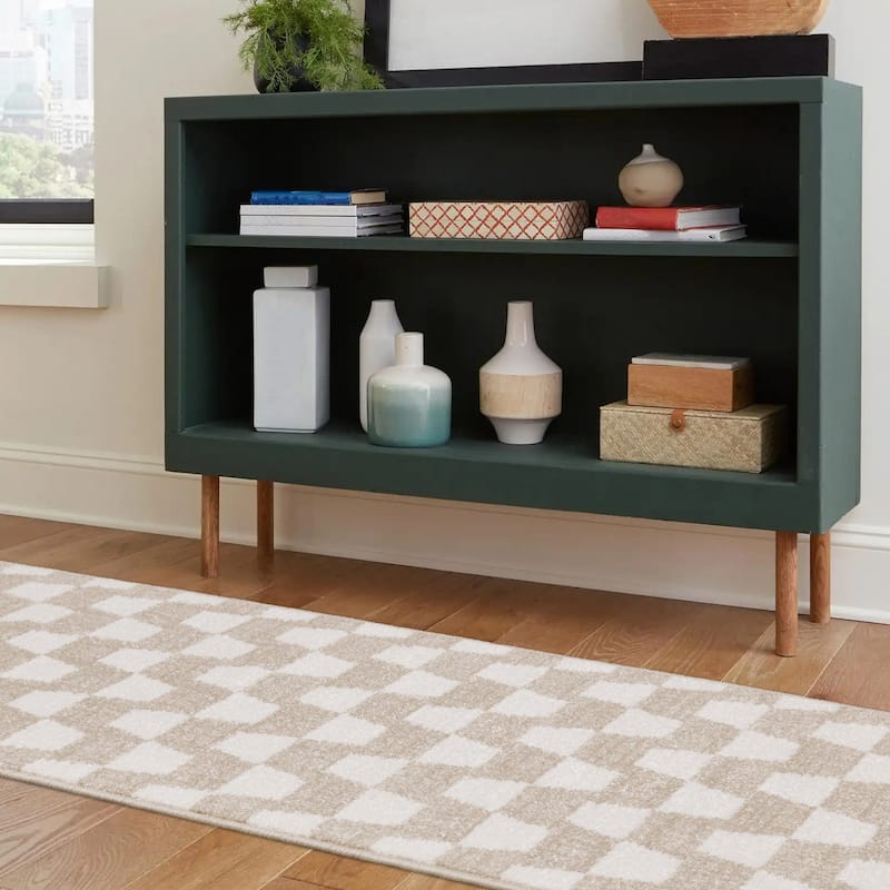 Modern Neutral Small Checkered Rug in Cream Beige