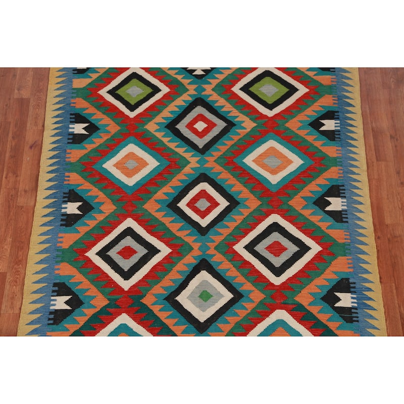 Hand Woven Oriental 100% Wool Carpet Southwestern Geometric Multi-Colored Kilim Area Rug - 8' 5'' X 5' 3''