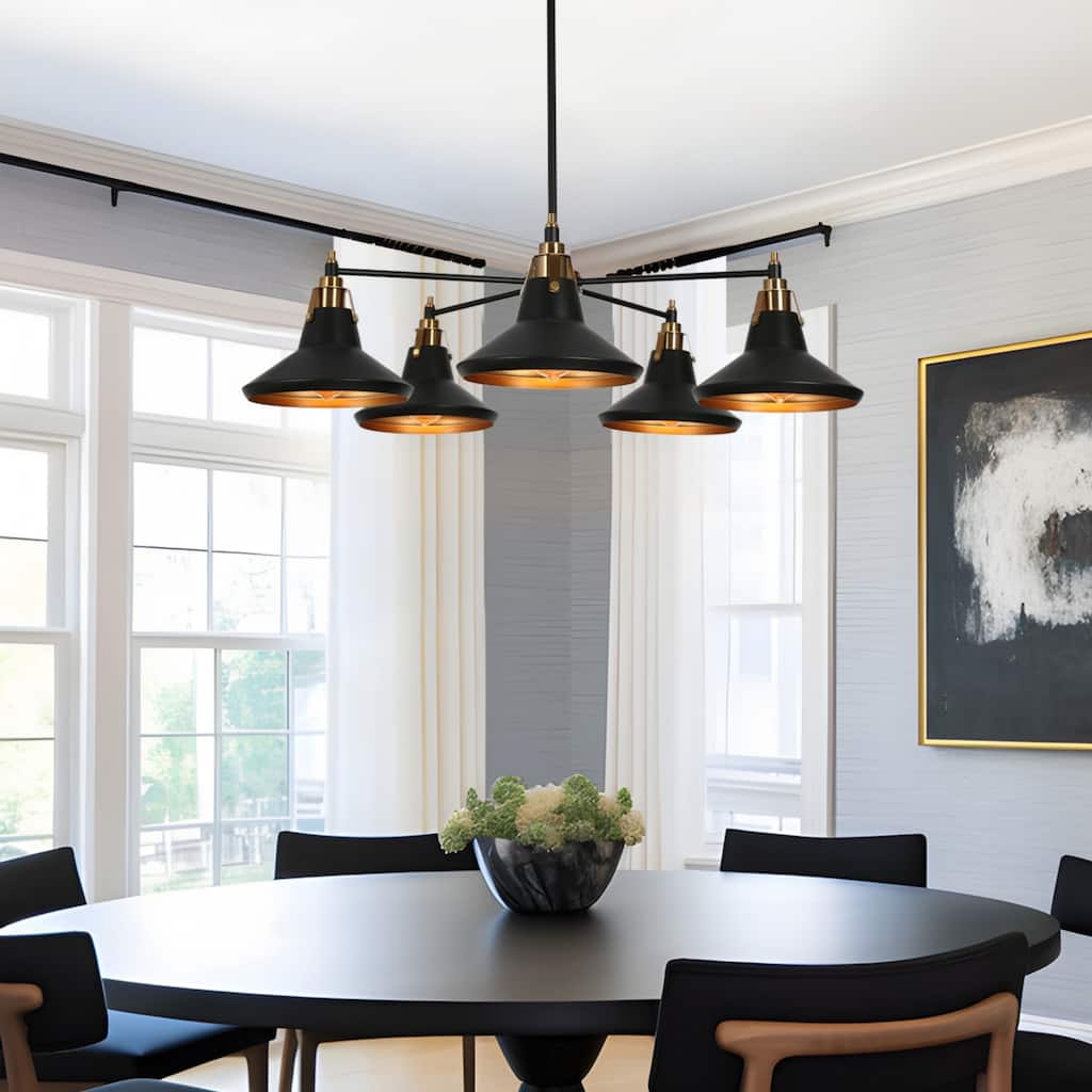 Modern Industrial 5-Light Black Gold Wheel Kitchen Island Chandelier Metal Pendant Lights for Dining Room - 33" D x 9" H
