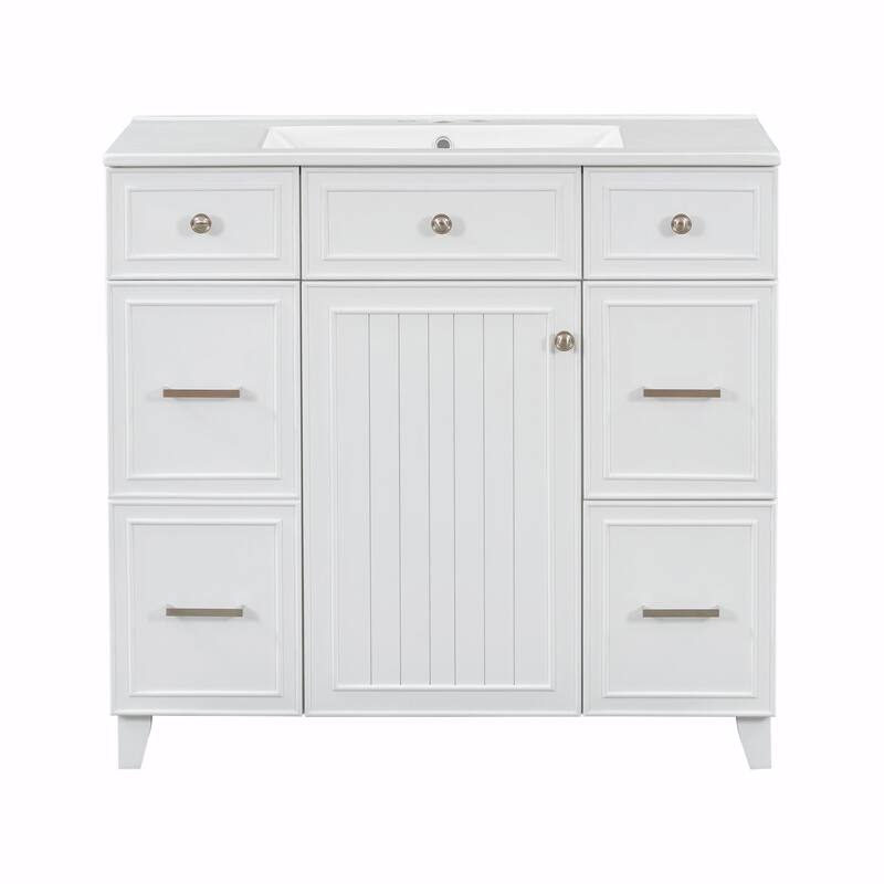 36" Bathroom Vanity with Ceramic Sink, Blue, Solid Wood Frame, Soft-Close Doors, Adjustable Shelves
