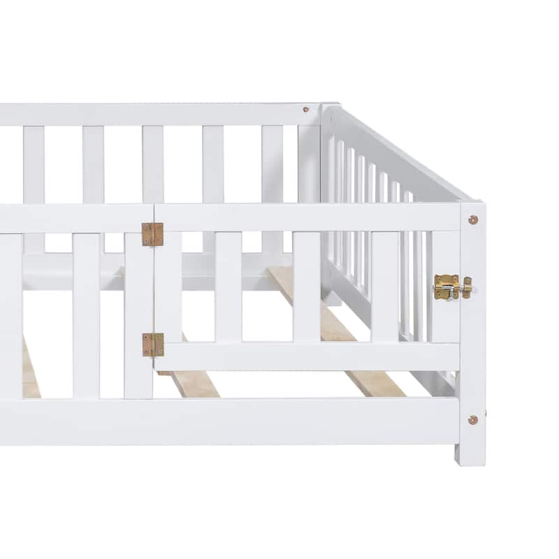 Floor Platform Bed with Fence and Door for kids Toddlers, Full Size