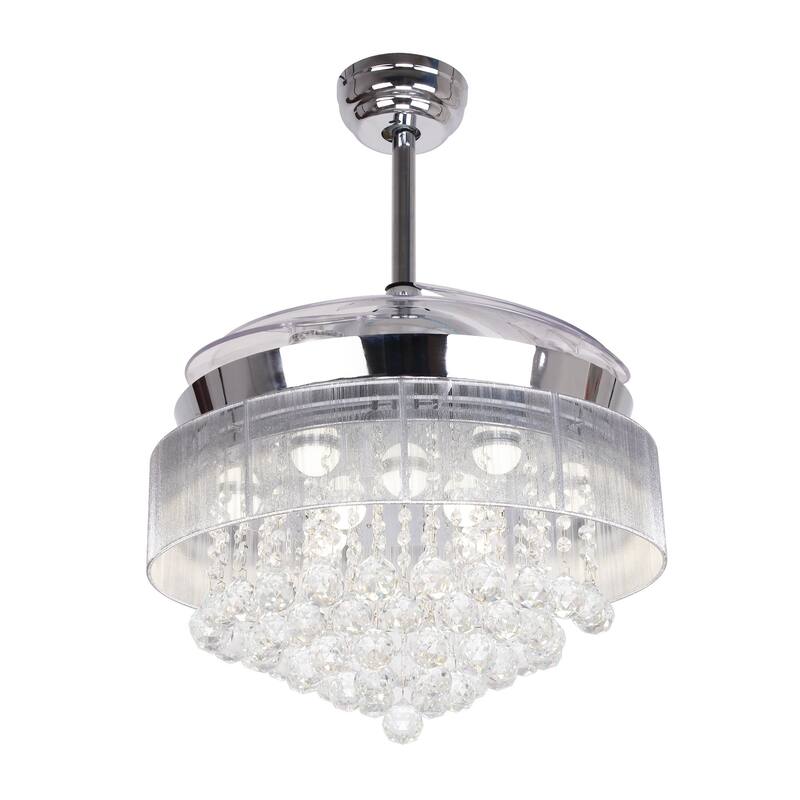 Modern Chrome 46-inch LED Crystal Chandelier Ceiling Fan with Remote Control, Retractable Blades, 3000K/4000K - 46" W x 12.5" H
