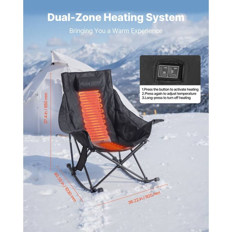 Black Grey Cotton-Padded Oxford Heated Rocking Camping Chair with Dual-Zone Warmth and Foldable Steel Frame