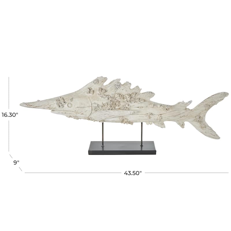 Polystone Fish Textured Decorative Sculpture with Brown Distressing and Black Metal Stand - Cream - Roche River Decor