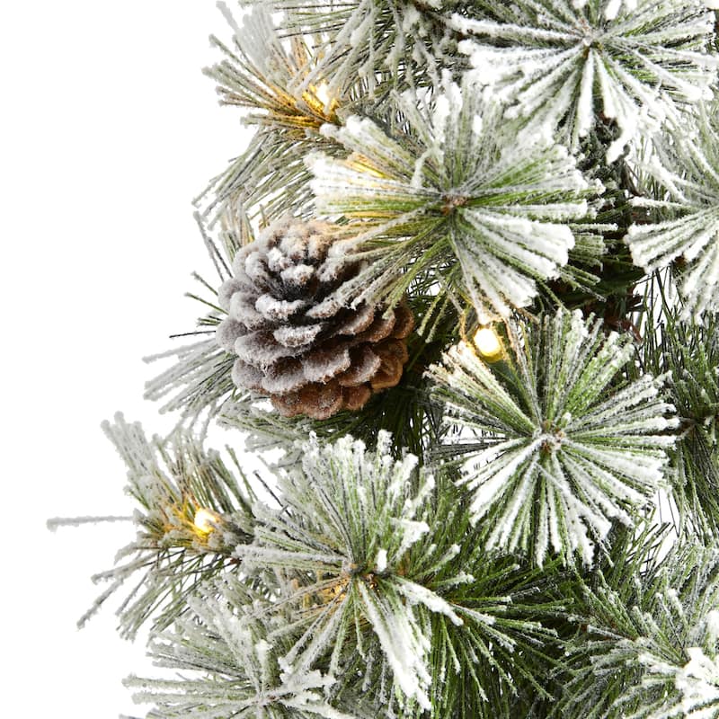 3ft. Flocked Topiary Artificial Christmas Tree with 50 Warm White LED Lights & Pine Cones - Festive Holiday X-Mas Accent