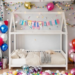 Full House Bed with Guardrail and LED, White