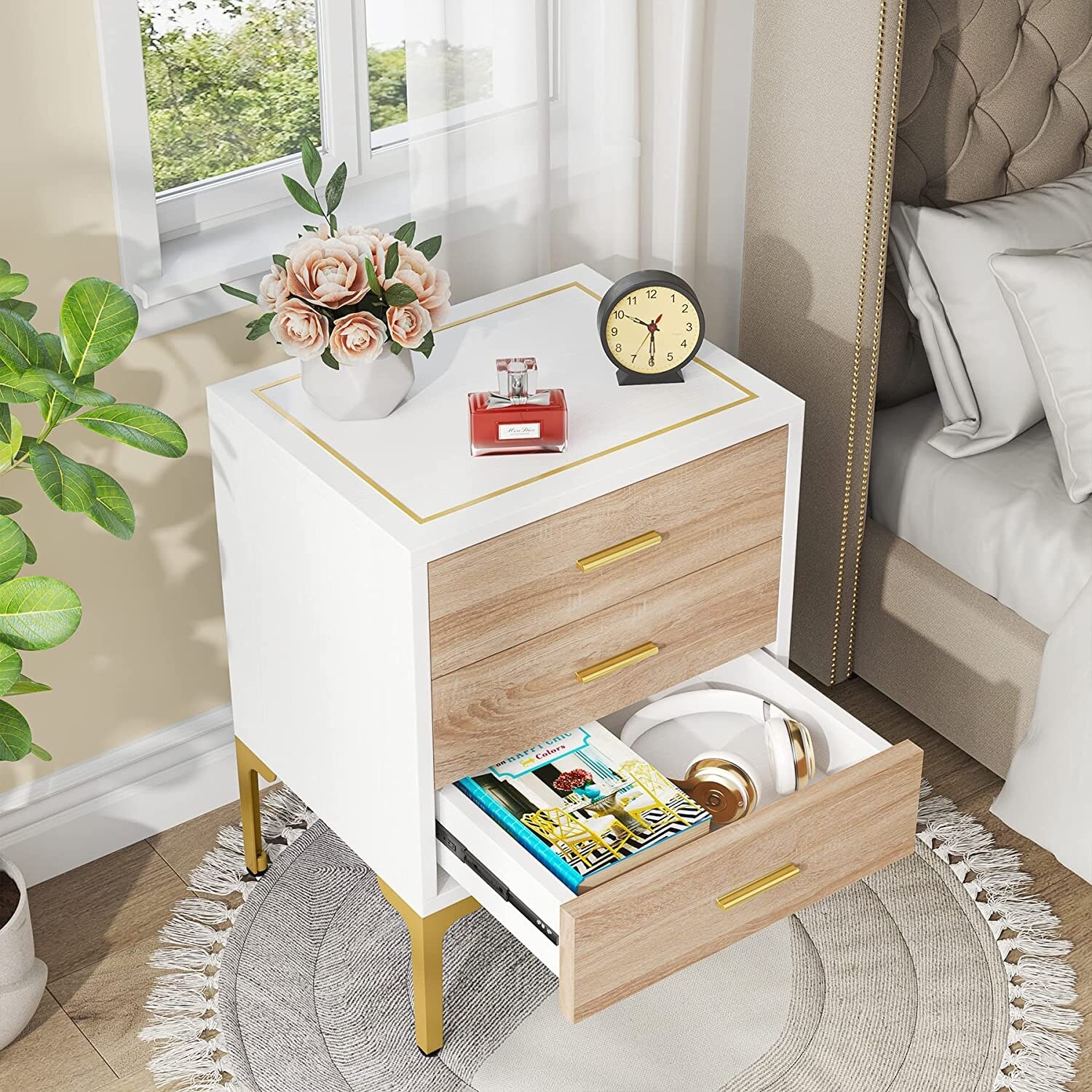 White and Gold Nightstand with 3 Drawers for Living Room Bedroom