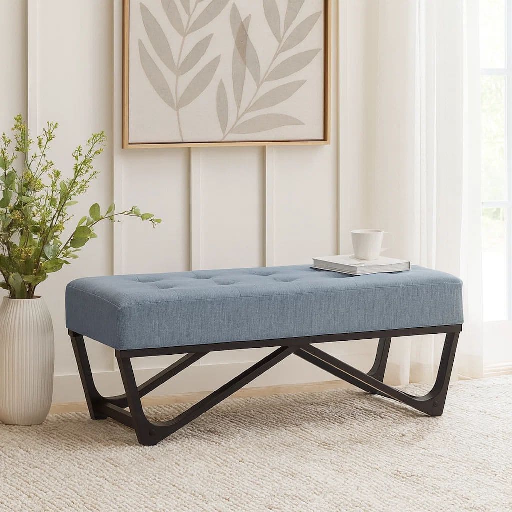Liba Ottoman Bench, Button Tufted Light Blue Fabric, Black, 47 Inch
