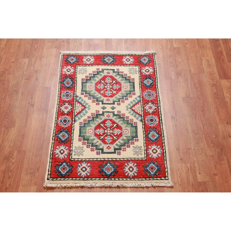 Traditional Kazak Rug Hand-Knotted Oriental Beige Wool Carpet - 2'0"x 3'0"