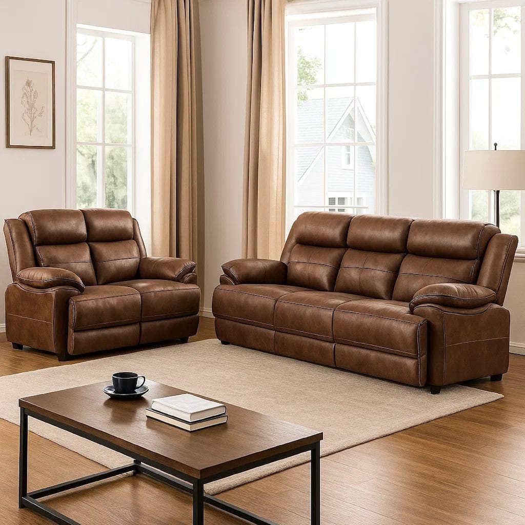 Ellen 2 Piece Sofa and Loveseat Set, Brown Faux Leather