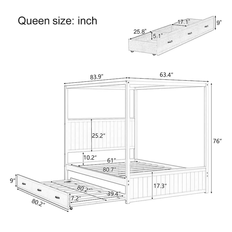 Elegant Queen Size Canopy Bed with Trundle & Storage Drawers by Harper & Bright Designs