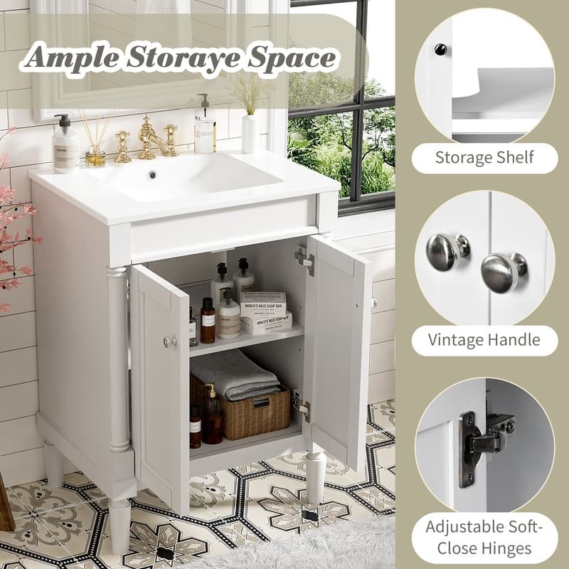 24'' Small Bathroom Vanity with Ceramic Sink, Modern Bathroom Storage Cabinet with Soft-Closing Doors & Interior Shelf