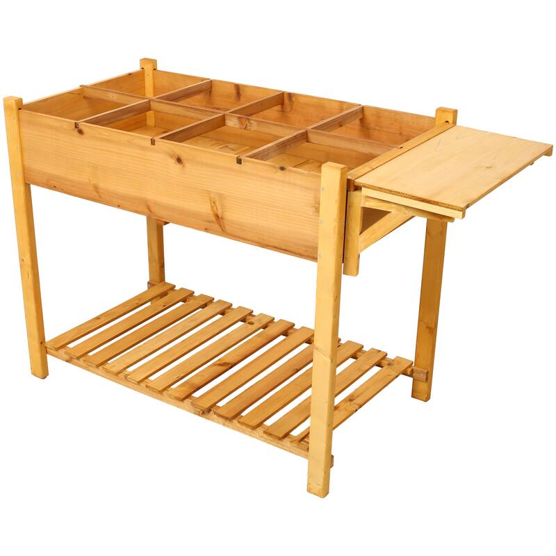 Country Rustic Style Garden Bed with Foldable Side Table and Storage Shelf, for Herb Vegetables Flowers Outdoor Gardening